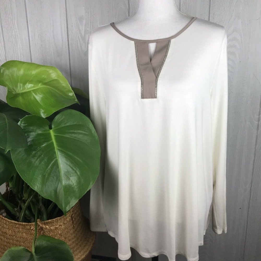 Chico’s Long Sleeve Cream And Beige Color Block Tunic Top Size Large